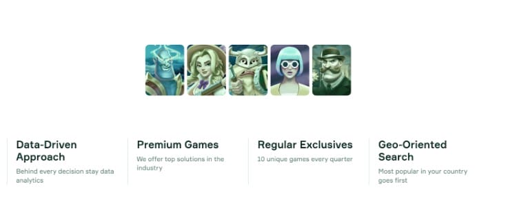 Soft2Bet slot game characters with features highlighting data-driven strategy, premium games, exclusive releases, and geo-targeted search functionality.